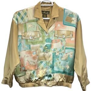 Vintage Mureli Silk Bomber Jacket S Gold‎ Button Up Watercolor Artsy Art-To-Wear